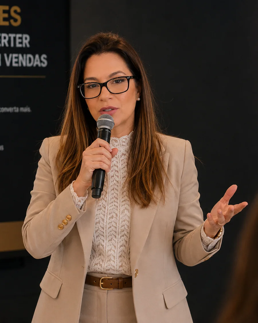 Sônia Gago palestrando, microfone em mãos